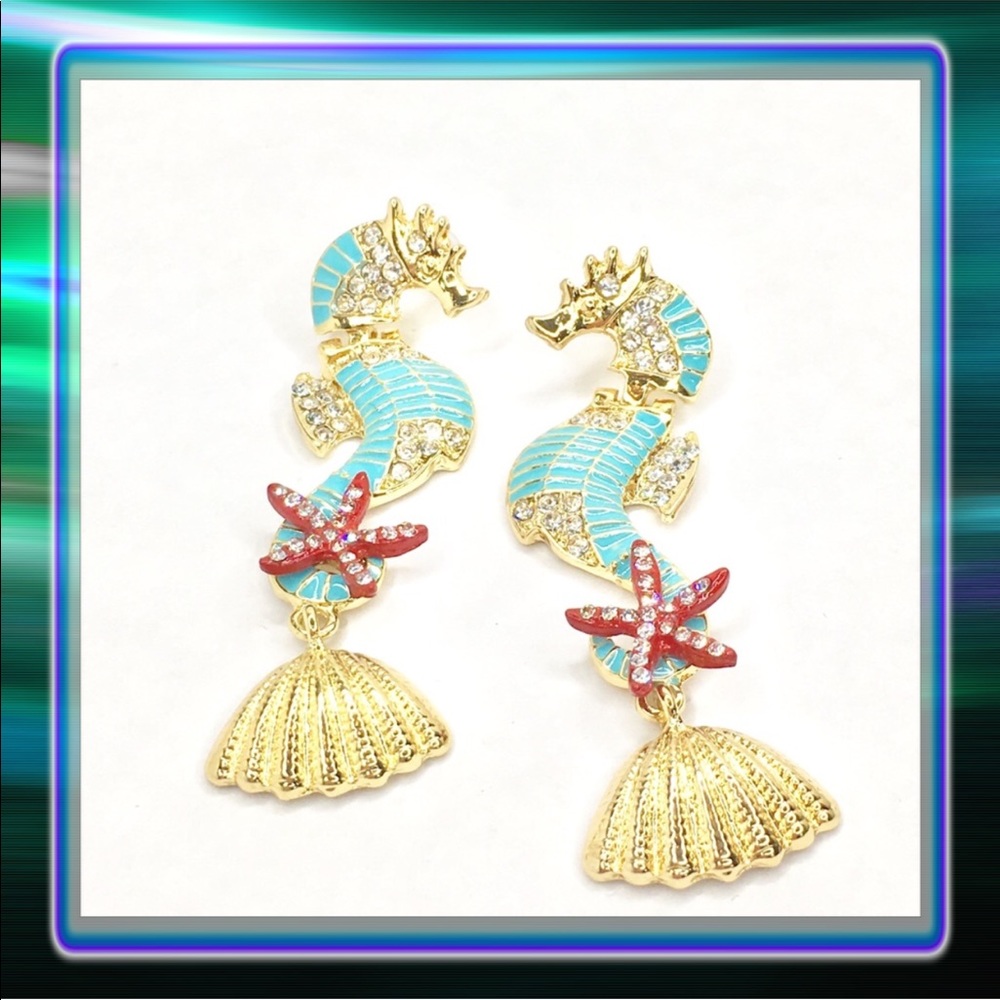 Enamel Seahorse Earrings with Rhinestones - Picture 2 of 8